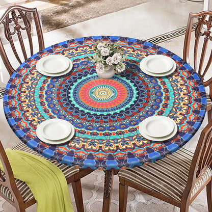 Alynsehom Round Tablecloth with Elastic Edge Outdoor Round Fitted Vinyl Table Cloth 36-44” Waterproof Wipeable Boho Table Cover for Dining Kitchen Picnic Barbecue Party Camping Decor Housewarming Gift