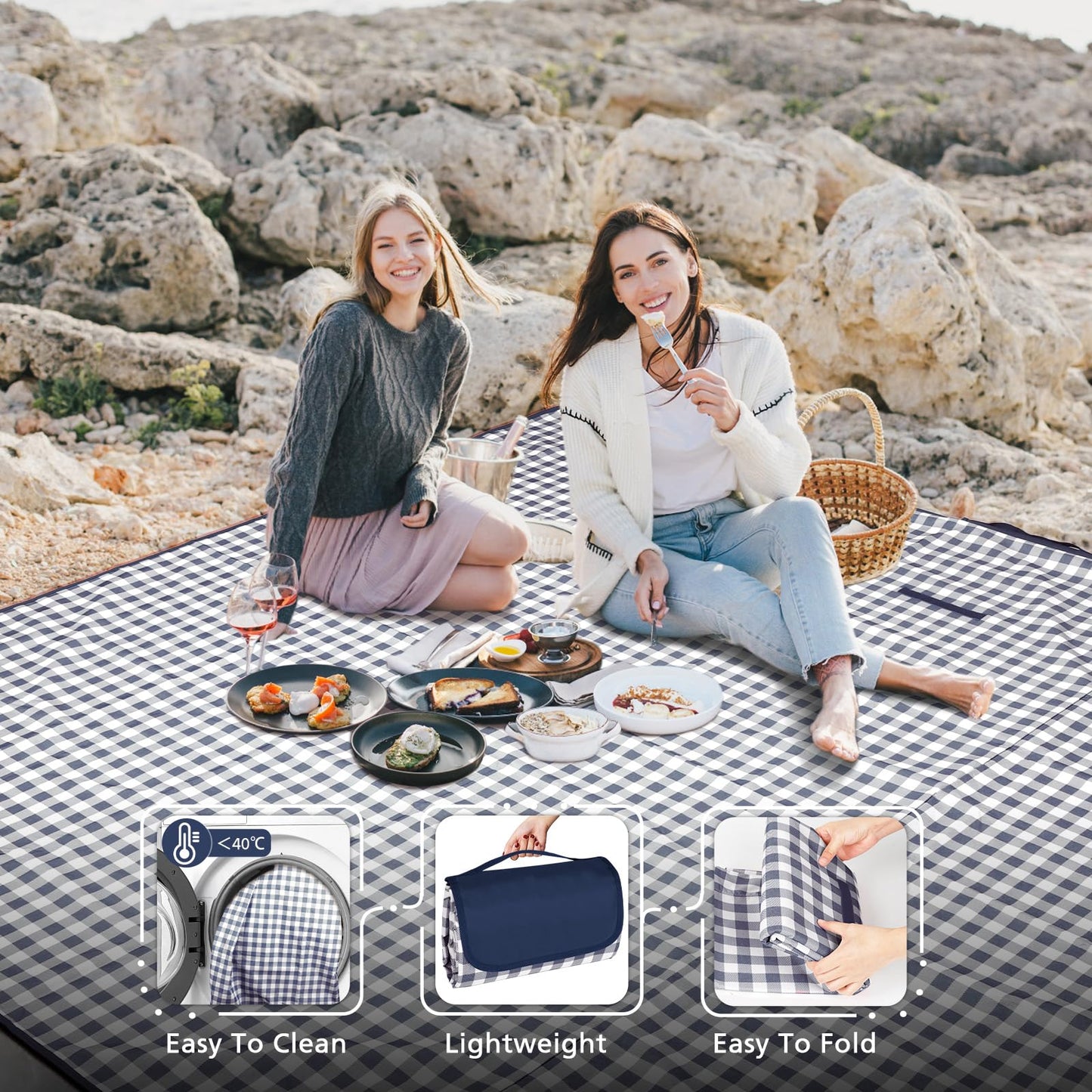 Anyiner Picnic Blanket Waterproof, 79"x79" Picnic Mat Camping Blanket, Sandproof Machine Washable with Carrying Handle for Outdoor Camping Beach Family Picnic (Blue)