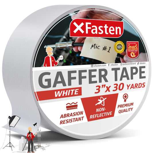 XFasten White Gaffers Tape 3 Inch X 30 Yards, Multipurpose, No Residue Gaffing Tape, White Gaff Tape Non-Reflective Matte Finish for Filming, Indoor, Outdoor Locations, Pro Gaff White Tape for Walls