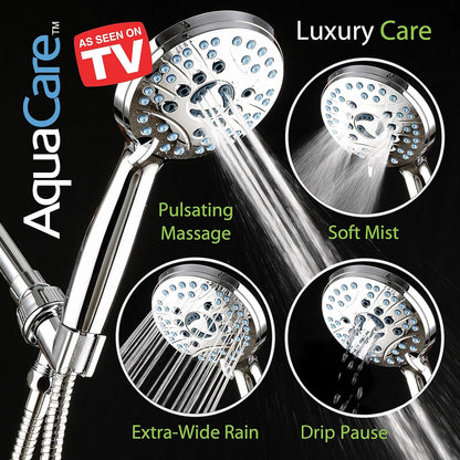AquaCare High Pressure 8-Mode Handheld Shower Head - Anti-Clog Nozzles, Built-in Power Wash to Clean Tub, Tile & Pets, Extra Long 6 ft. Stainless Steel Hose, Wall & Overhead Brackets