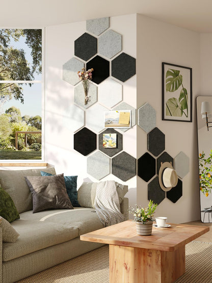 Uoisaiko 12" Large Bulletin Board with 30 Push Pins, Pack of 8 Hexagon Felt Pin Board Notice Boards for Home Office Kitchen, Felt Wall Tiles for Photos Memos