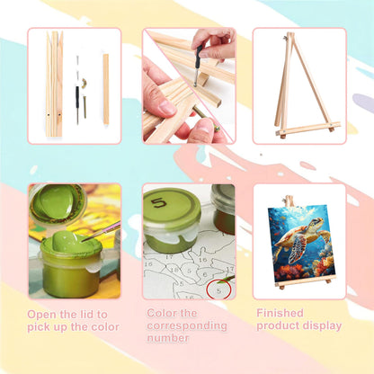 4 Pack Paint by Numbers Adult Kit with Framed Canvas - Wooden Easel, Beach Adult Paint by Number Kits on Canvas, DIY Sea Turtle Acrylic Oil Painting Kit with Brushes for Home Wall Decor (20x30cm)