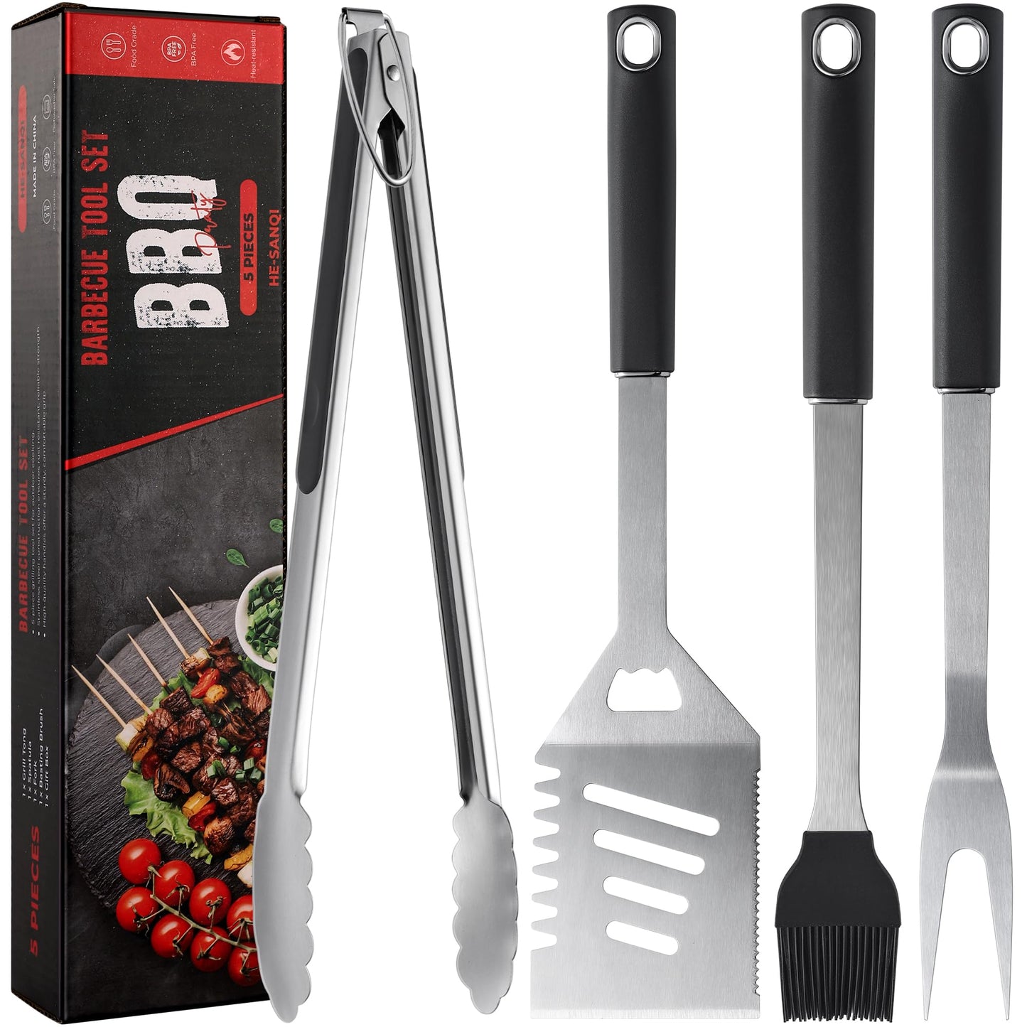 BBQ Accessories Grill Tools, Heavy Duty Grilling Accessories Barbecue Accessories Stainless Steel Grill Accessories with Spatula,Fork,Tongs,Brush and Gift-Box for Outdoor Grill, Home Grill (4PCS)