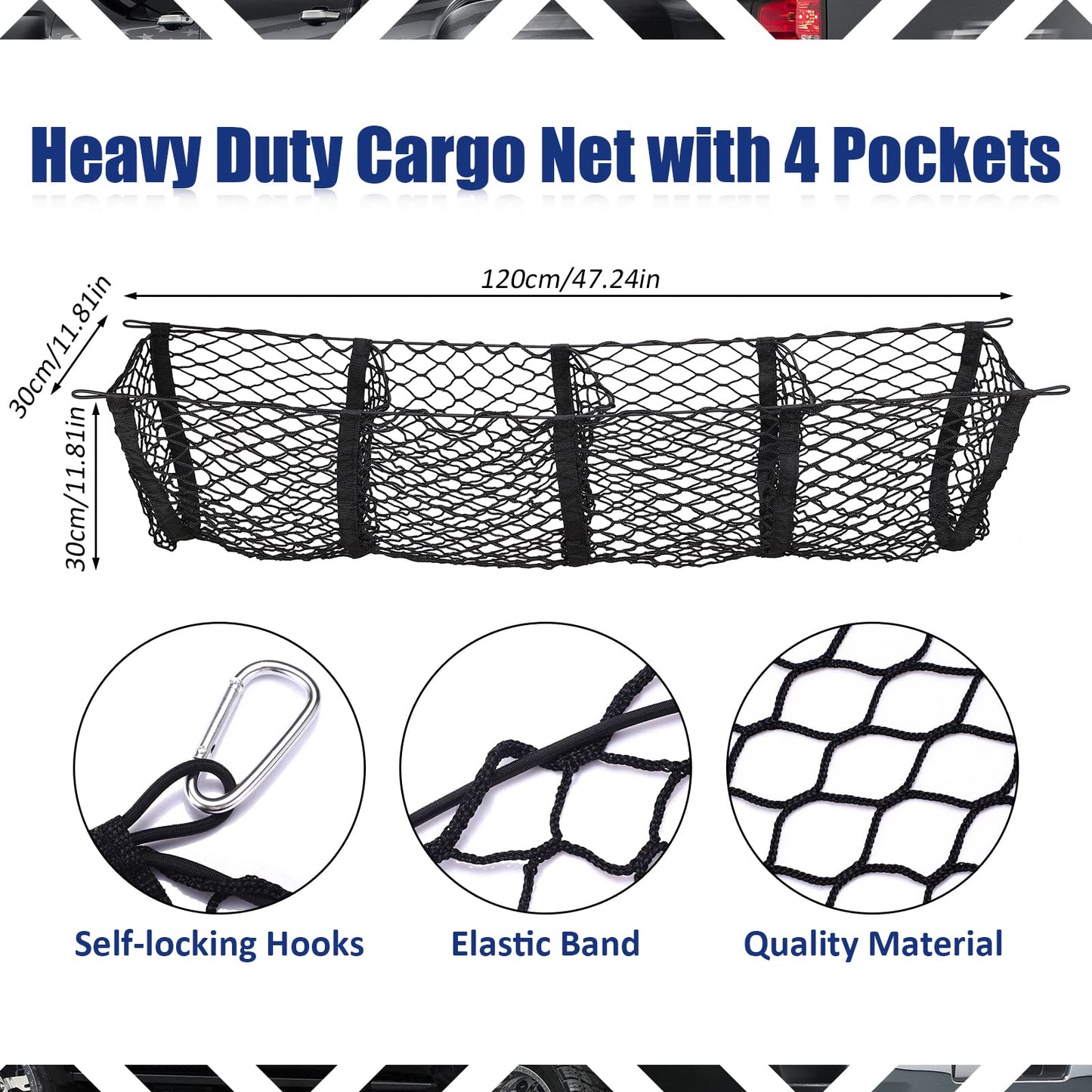TOBWOLF 2PCS Truck Bed Cargo Net, Trunk Mesh Cargo Organizer Storage Net, Stretchable Mesh Organizer with Hook & Screw, 51.1'' X 14.9'' & 47.2'' X 11.8'' Heavy Duty Cargo Net with 4 Pockets for Trunk