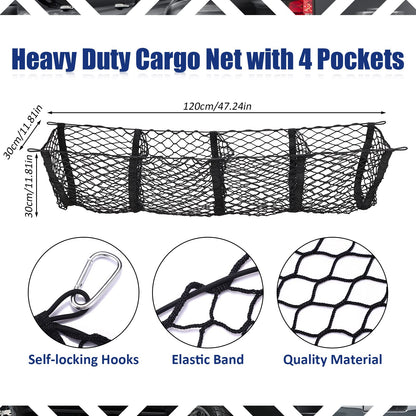 TOBWOLF 2PCS Truck Bed Cargo Net, Trunk Mesh Cargo Organizer Storage Net, Stretchable Mesh Organizer with Hook & Screw, 51.1'' X 14.9'' & 47.2'' X 11.8'' Heavy Duty Cargo Net with 4 Pockets for Trunk