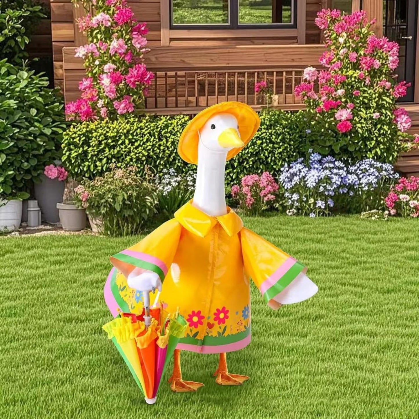 Porch Goose Raincoat Outfit, Waterproof Lawn Porch Goose Outfits with Umbrella & Hat for 23" Statue, Outdoor Patio Garden Yard Decoration (B)