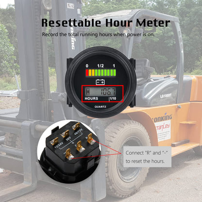 HonorMeet 12V/24V 36V 48V/72V Golf Cart Battery Meter,Lead Acid Battery Level Indicator,Charging Reminder,Resettable Hour Meter for Golf Cart Club Car Forklift Go-Kart Motorhome Electric Car Go-Kart.