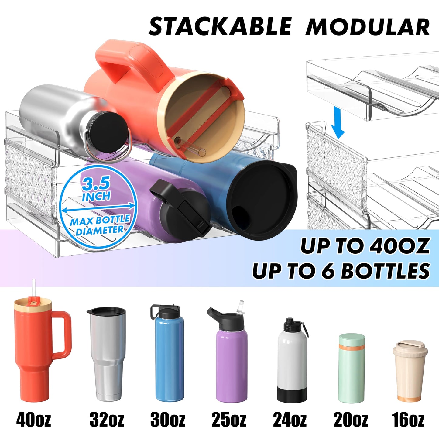 Simple Houseware Stackable 2-Tier Water Bottle Rack, Holds 6 Bottles, Fits Stanley 40 oz, Tumbler Organizer for Cabinet and Cupboard, Clear