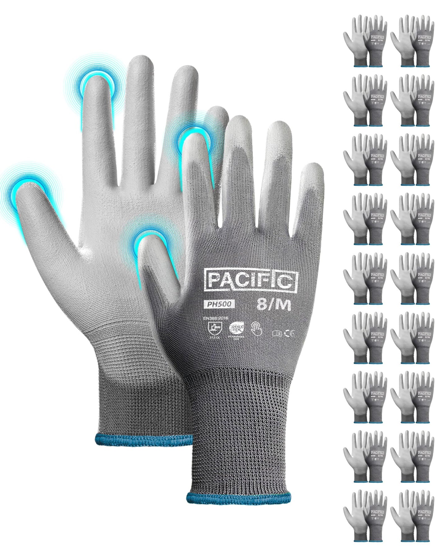 PACIFIC Work Gloves for Men and Women, Touchscreen Working Gloves, 18 Pairs Bulk Pack Mechanic Gloves, PU Coated, Mens Gardening Gloves, Lightweight, Grey, Medium