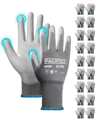 PACIFIC Work Gloves for Men and Women, Touchscreen Working Gloves, 18 Pairs Bulk Pack Mechanic Gloves, PU Coated, Mens Gardening Gloves, Lightweight, Grey, Medium