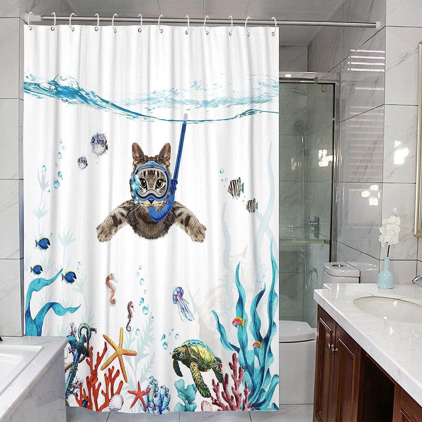 SparkLia Funny Cat Shower Curtain, Diving Underwater World Shower Curtain Sets with Animal Turtle Octopus Starfish, Waterproof Fabric Nautical Kids Curtain with Hooks for Bathroom Décor - 72" x 72"