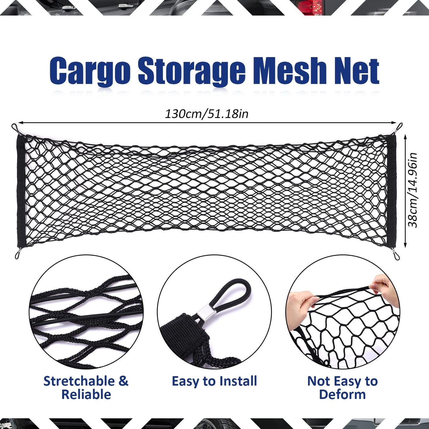 TOBWOLF 2PCS Truck Bed Cargo Net, Trunk Mesh Cargo Organizer Storage Net, Stretchable Mesh Organizer with Hook & Screw, 51.1'' X 14.9'' & 47.2'' X 11.8'' Heavy Duty Cargo Net with 4 Pockets for Trunk