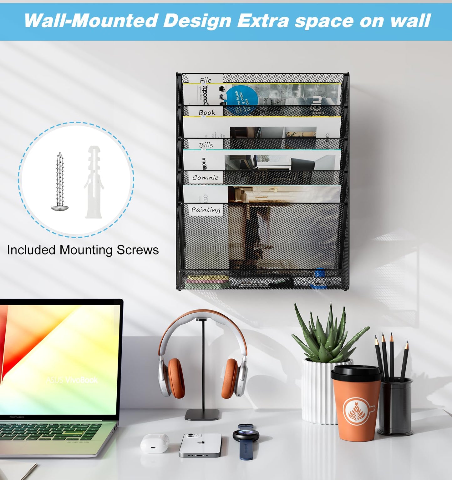 Solinxe Wall File Holder 6 Tier Hanging File Folder Organizer Desk Paper Magazine Document Rack, Black