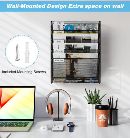Solinxe Wall File Holder 6 Tier Hanging File Folder Organizer Desk Paper Magazine Document Rack, Black