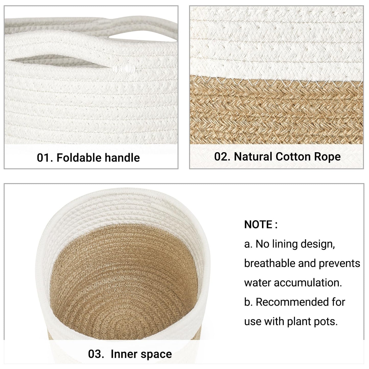 Dahey Jute Spliced Cotton Rope Plant Basket Modern Woven Storage Basket for 10" Floor Indoor Planter, Decorative Flower Pots Cover Laundry Bin with Handle Rustic Home Decor, White and Beige