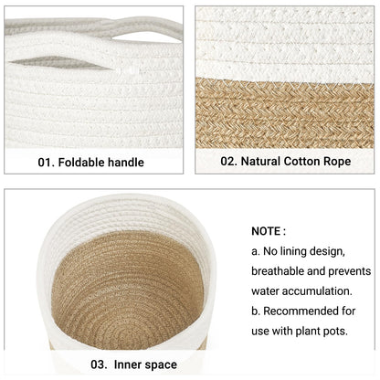 Dahey Jute Spliced Cotton Rope Plant Basket Modern Woven Storage Basket for 10" Floor Indoor Planter, Decorative Flower Pots Cover Laundry Bin with Handle Rustic Home Decor, White and Beige