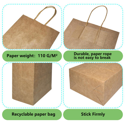WUTONGPATH 100-Packs Brown Paper with Handles Bulk，5.91 x 3.15 x 8.27 inches(15x8x21cm)，Paper Gift Bags，Retail Bags，Shopping Bags，Party Favor Bags