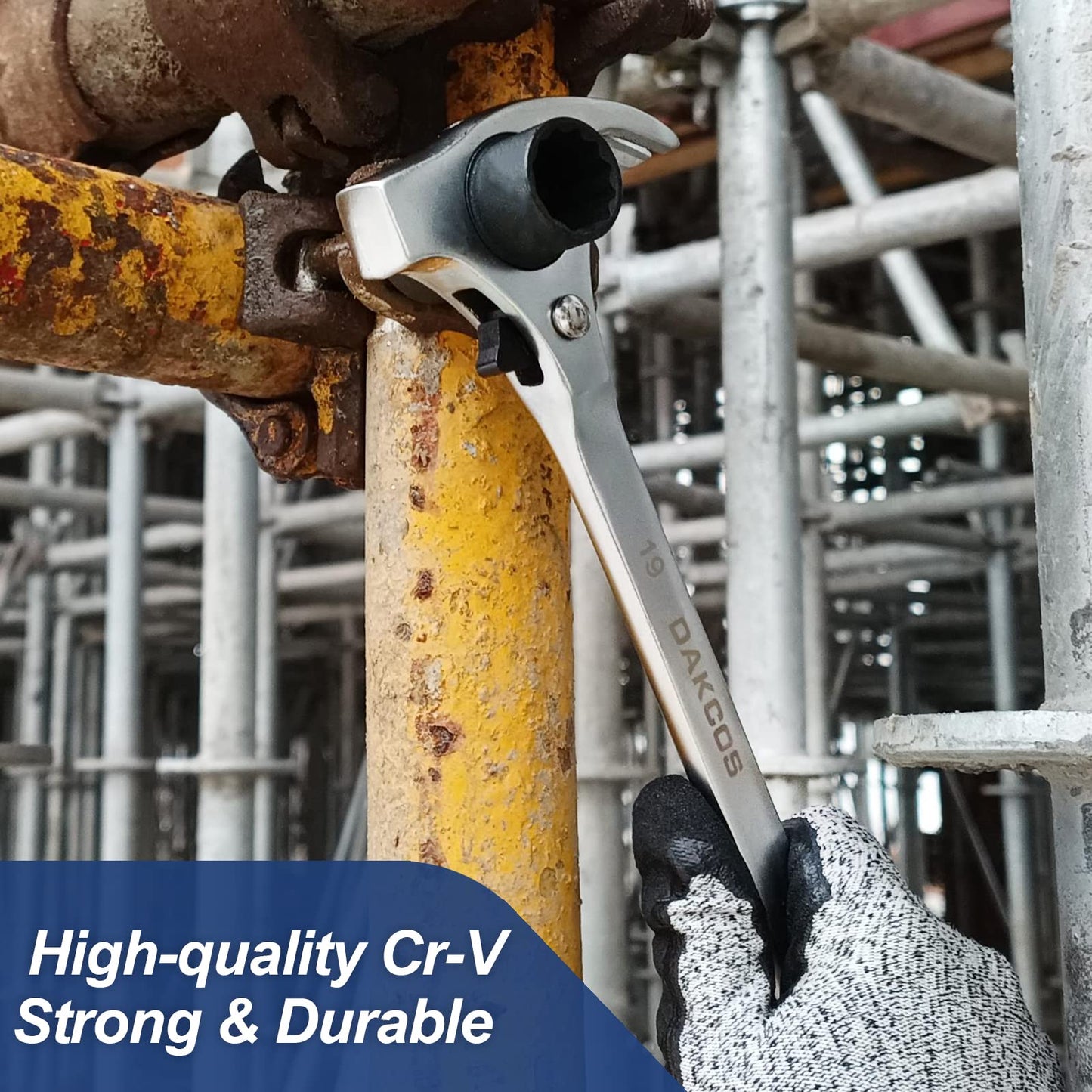 DAKCOS 4-in-1 Ratchet Podger Wrench, 19x22mm Multifunctional Scaffold Ratchet Spanner with Pry bar, Hammer & Claw Nail Puller (Silver)