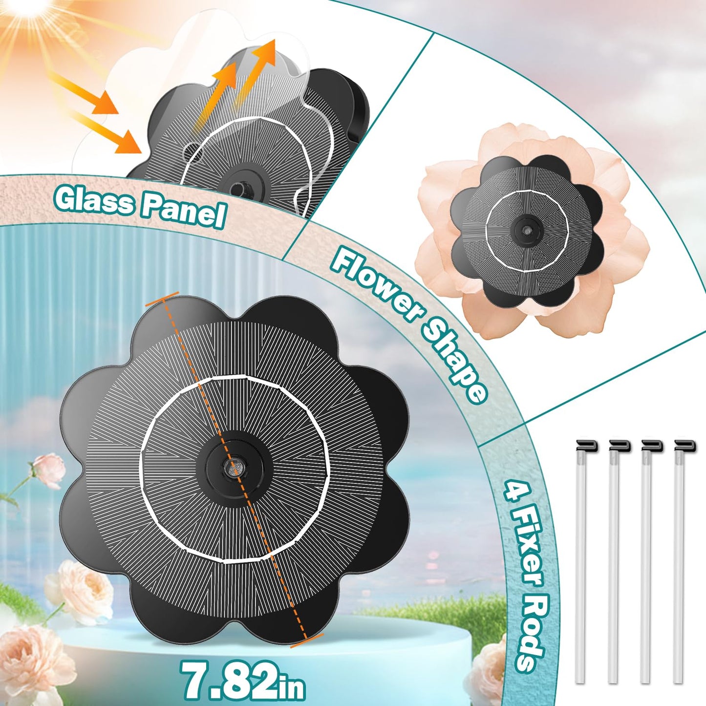 Yzert Solar Water Fountain Flower Shape, 3.5W Glass Solar Fountain with 7 Nozzles & 4 Fixer Rods,Solar Fountain Pump for Bird Bath, Outdoor, Pool, Garden, Pond