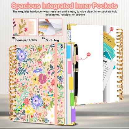 Spiral Journal Notebooks for Work, 300 Pages 5 Subject Notebook College Ruled with Dividers & Tabs, Notebook Journal for Women Students Note-Taking and Organizer (Beige Bloom, B5(8"x10"))