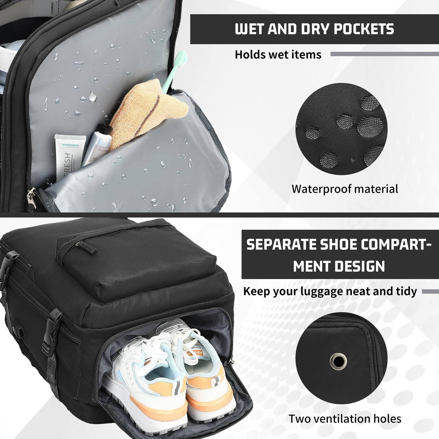 Carry on Backpack for Women Men, Travel Backpack with Shoe Compartment & Wet Pocket, College Business Laptops Backpack with USB Charging Port Waterproof Casual Daypack Luggage for Sports Travel, Black