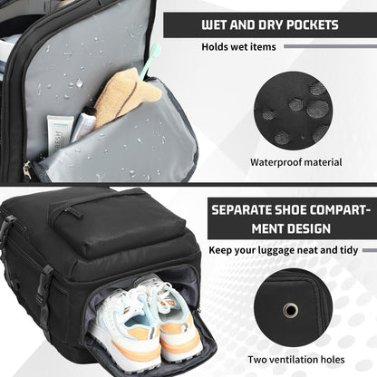 Carry on Backpack for Women Men, Travel Backpack with Shoe Compartment & Wet Pocket, College Business Laptops Backpack with USB Charging Port Waterproof Casual Daypack Luggage for Sports Travel, Black