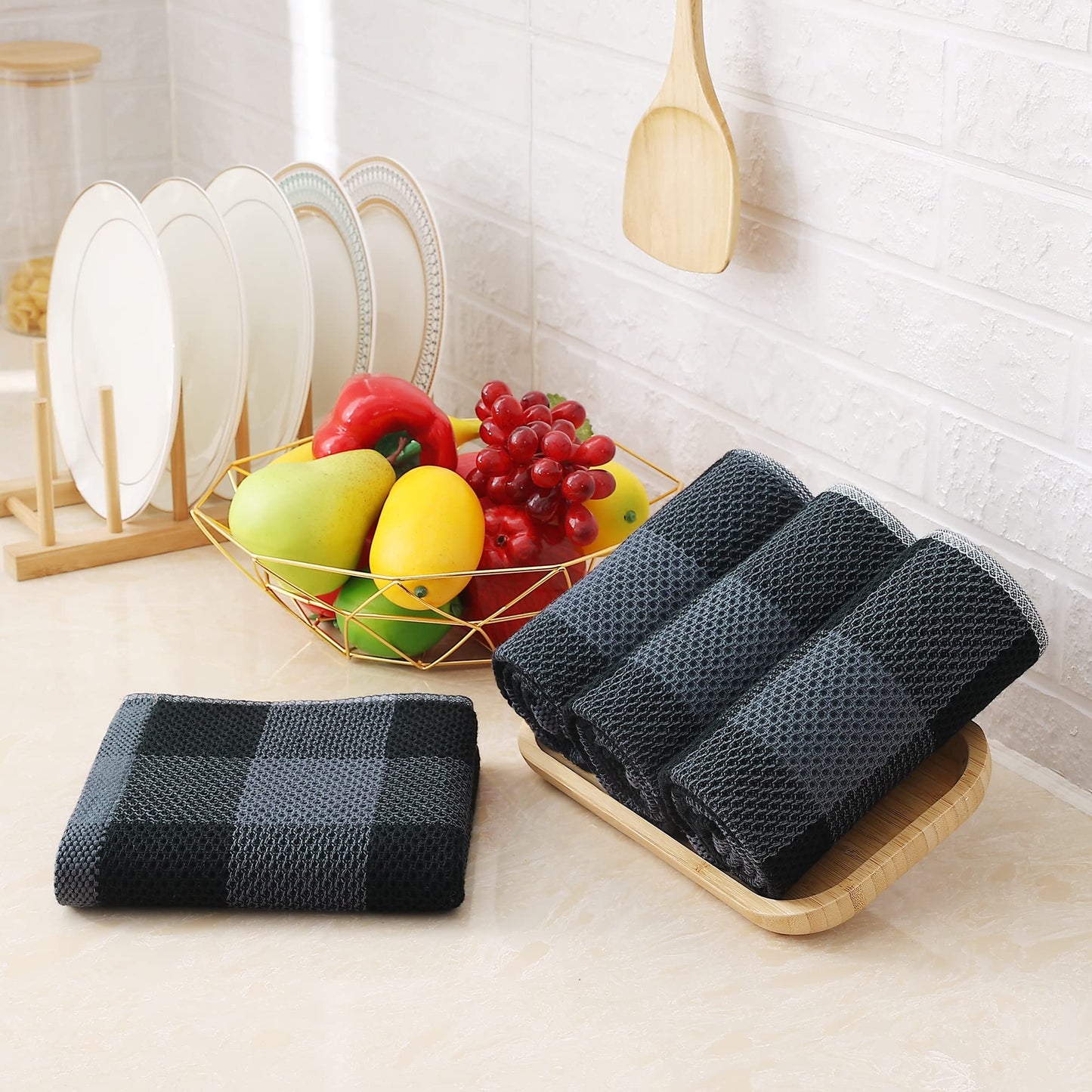 smiry 100% Cotton Kitchen Towels, 12" x 12", 6 Pack Waffle Weave Dish Cloths, Super Soft Dish Towels, Absorbent Quick Drying Tea Towels, Black&Dark Grey
