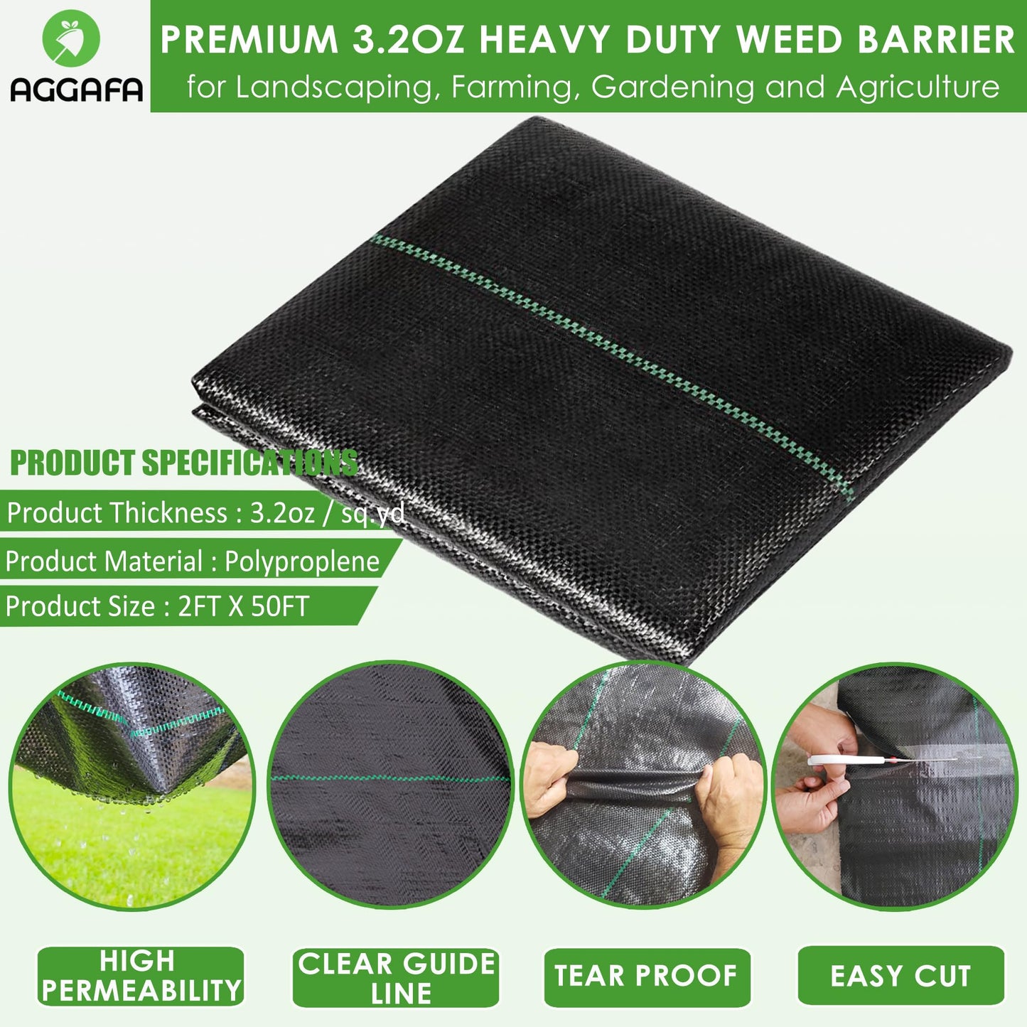 AGGAFA (2ft x 50ft) 100% Virgin Material Premium Heavy Duty Weed Barrier Fabric for Landscaping, Farming, Gardening and Agriculture. Durable Woven Landscape Fabric