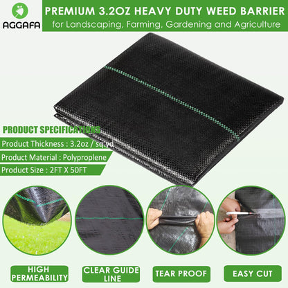 AGGAFA (2ft x 50ft) 100% Virgin Material Premium Heavy Duty Weed Barrier Fabric for Landscaping, Farming, Gardening and Agriculture. Durable Woven Landscape Fabric