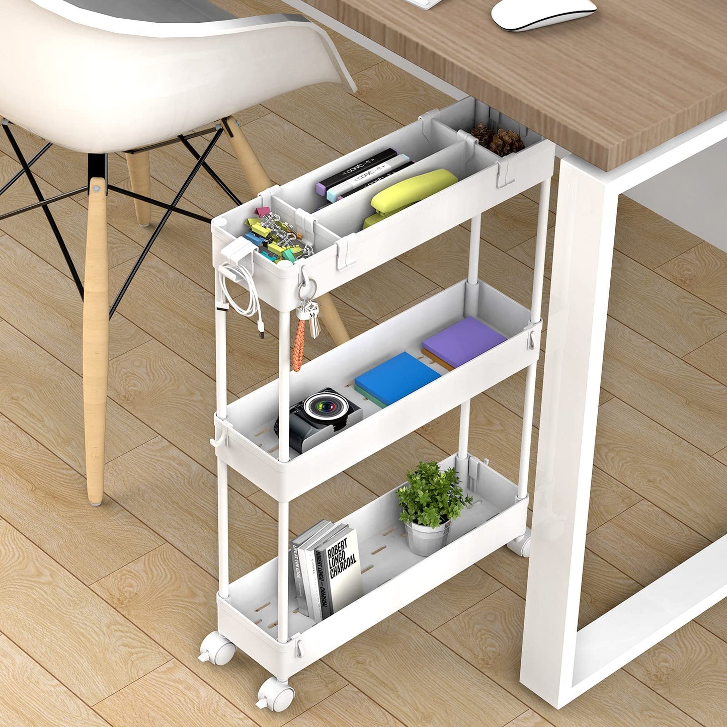 SPACELEAD Slim Storage Cart,3 Tier Bathroom Rolling Utility Cart Storage Organizer Slide Out Cart, Mobile Shelving Unit Organizer Trolley for Office Bathroom Kitchen Laundry Room Narrow Places, White