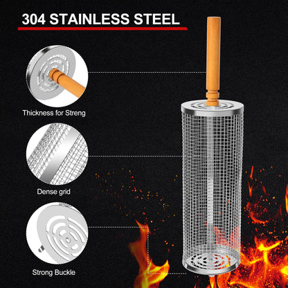 2PCS Nesting Grill Baskets with Removable Wooden Handles(11.8" x 3.9"), 304 Stainless Steel, Rolling Barbecue Grill Mesh for Vegetables and Shrimp, BBQ Accessory Gifts for Men Dad Boyfriend, BBQ Net Tube