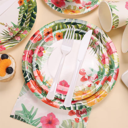 SIMYFOIN Hawaiian Tropical Beach Theme Party Decorations Disposable Floral Paper Plates and Napkins Set for 24 Guest Beach Luau Birthday Summer Paper Plate Tableware