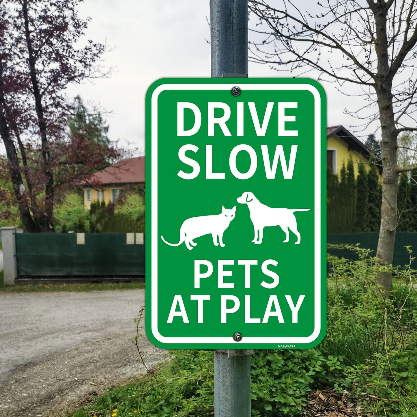 2 Pcs "Drive Slow - Pets At Play" Sign, 12" x 18" Engineer Grade Reflective Aluminum,Fade Resistant, Waterproof, Dustproof, UV-Resistant and Durable