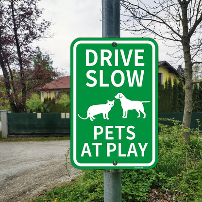 2 Pcs "Drive Slow - Pets At Play" Sign, 12" x 18" Engineer Grade Reflective Aluminum,Fade Resistant, Waterproof, Dustproof, UV-Resistant and Durable
