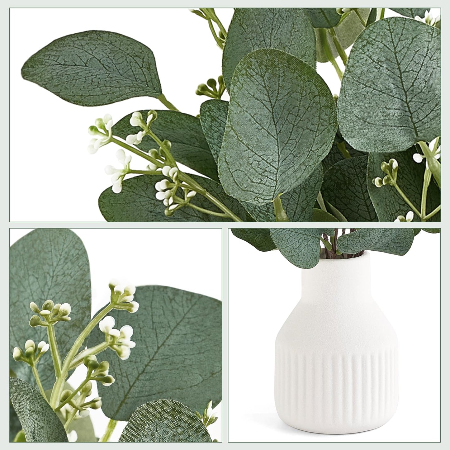 Dahey Artificial Eucalyptus Stems in Small Ceramic Vase Centerpiece Table Decorations Modern Farmhouse Decor Fake Eucalyptus Plants with Vase for Bathroom Kitchen Shelf Living Room Home Decor, White
