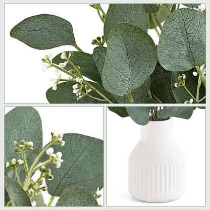 Dahey Artificial Eucalyptus Stems in Small Ceramic Vase Centerpiece Table Decorations Modern Farmhouse Decor Fake Eucalyptus Plants with Vase for Bathroom Kitchen Shelf Living Room Home Decor, White