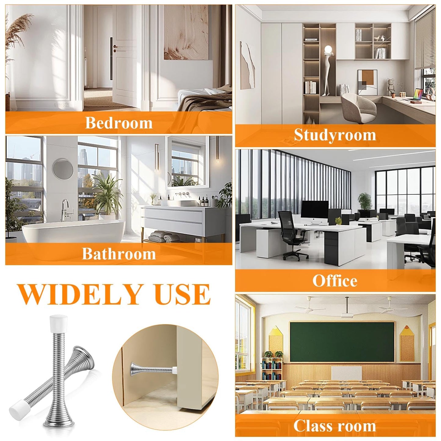 Supkiir 24Pcs Silver Spring Door Stoppers, Stainless Steel Door Stop Wall Protector, Wall Mounted Threaded Flexible Doorstops with Rubber Bumper Baseboard for Home