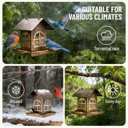 Bird Feeders Outdoor Hanging, Metal Squirrel Proof Wild Bird Feeder with Drainage Holes, Mangeoire Oiseaux Exterieur, Easy to Clean, Refill, Bronze Anti-Rust Decor for Garden