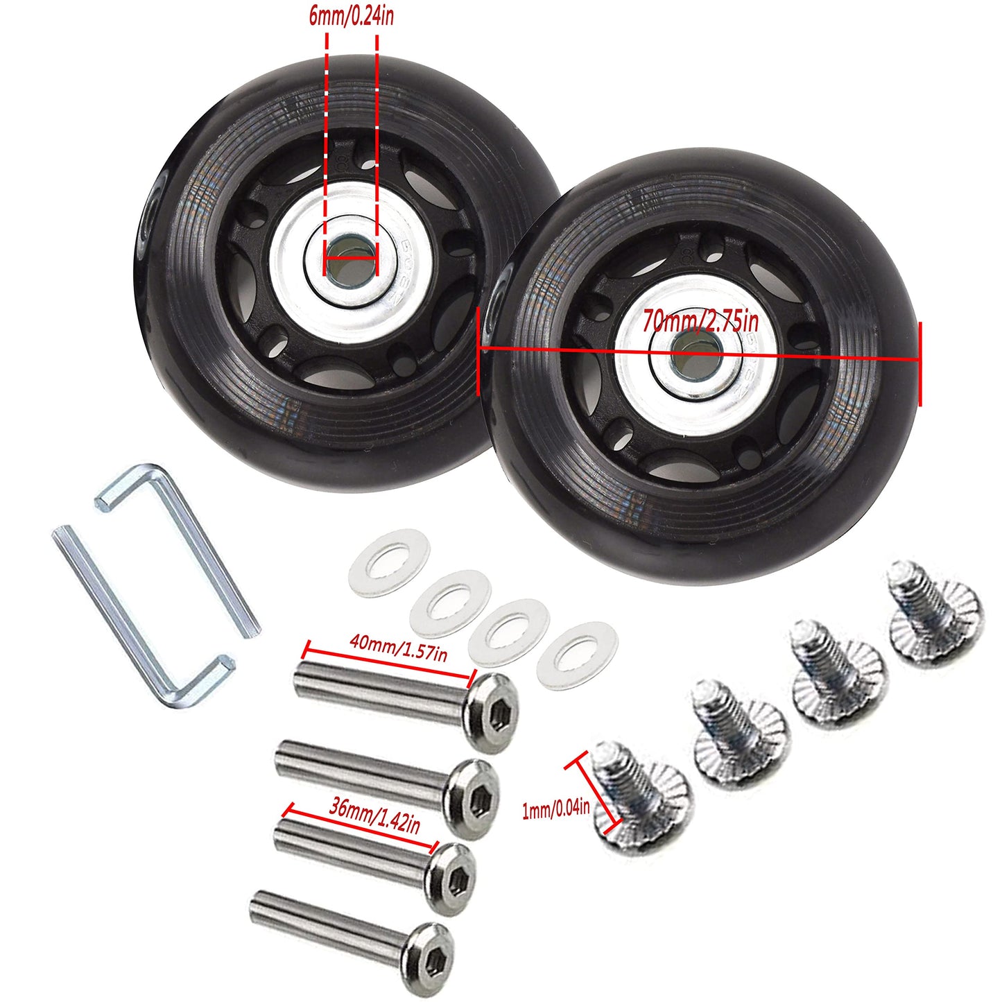 Suitcase Luggage Wheel Replacement kit Rubber Universal Wheels Swivel Caster Bearing Tool（Set of 2 Rounds） OD:70 W:24 ID:6 Axles:36/ 40mm