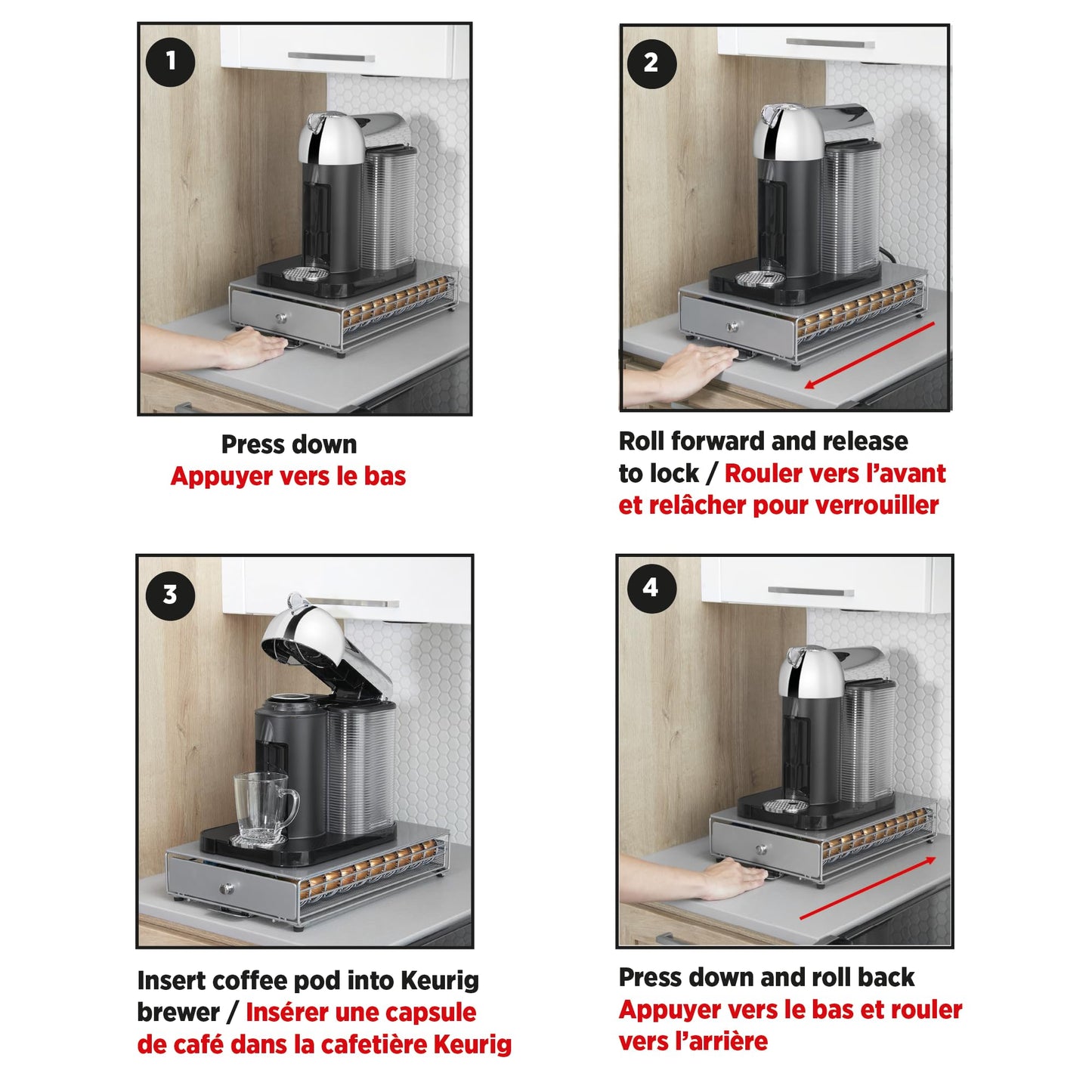 Starfrit Coffee Pod Capsule Drawer - Holds up to 40 Nespresso Vertuoline Pods - Under Brewer Storage Rolling Drawer - Silver