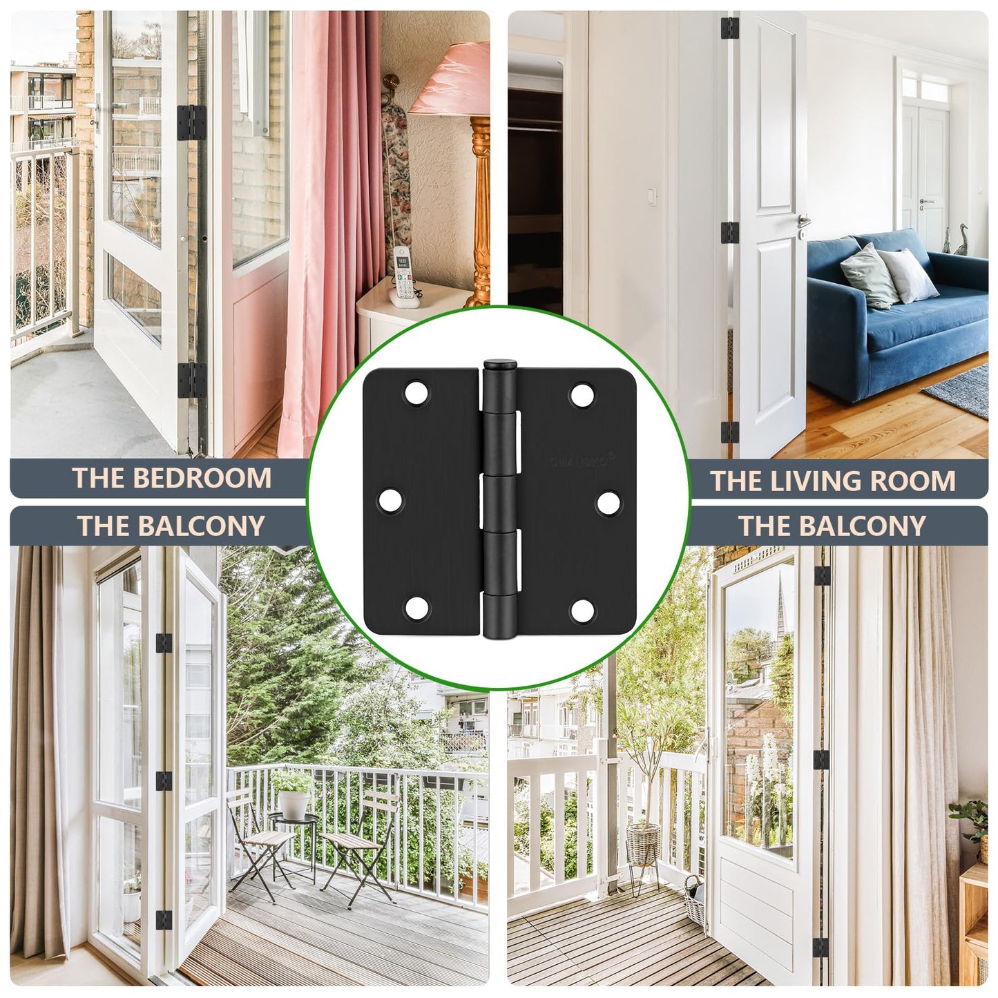 6 Pack 3.5" x 3.5" Black Door Hinges, Matte Black Door Hinges 3 1/2 Interior Door Hinges 1/4" Radius Standard Residential Bedroom Door