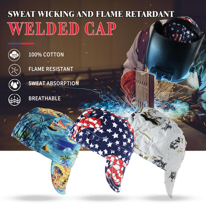 TRQWH 100% Cotton Welding Caps for Men, 3 Pcs Mesh Inside Sweat Absorption Flame Resistant Protective Welders Cap with Elastic Welding Helmet