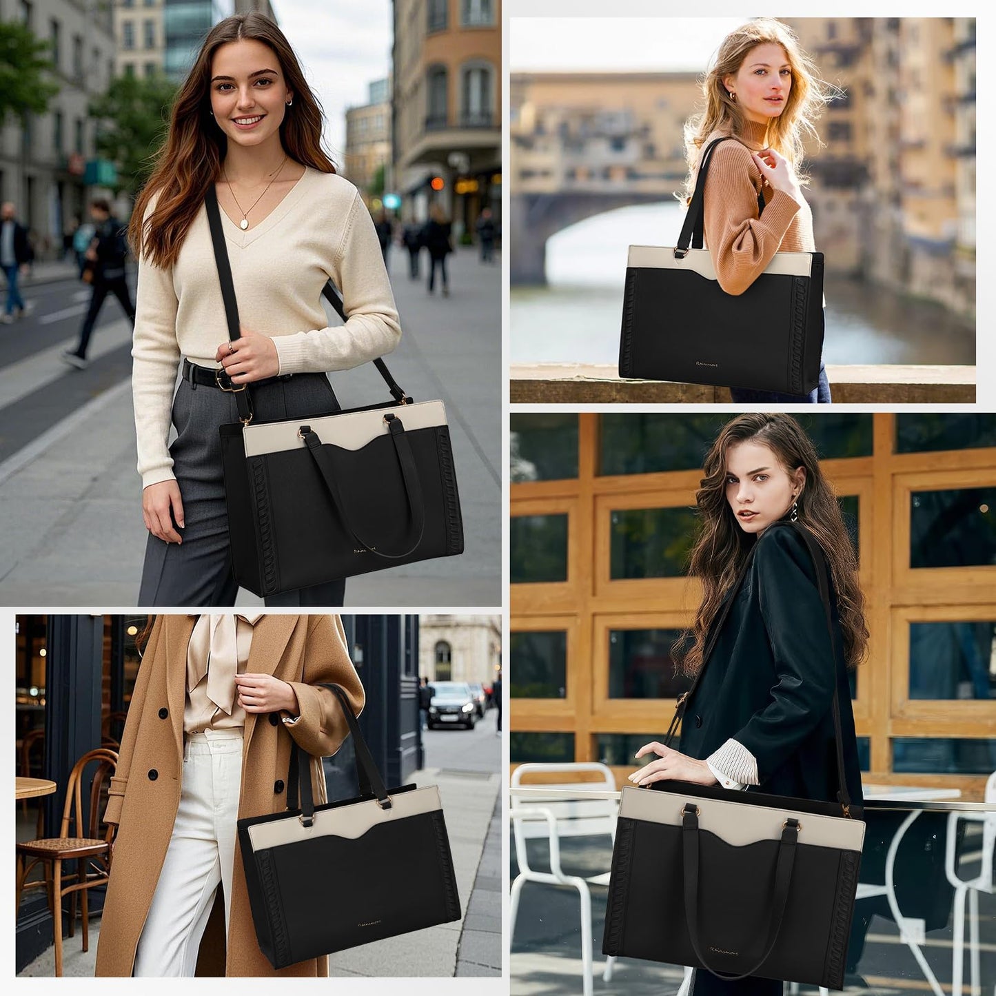 RAINSMORE Laptop Bag for Women 15.6 Inch Work Tote Bag for Women with Detachable Strap & Bow Leather Professional Laptop Tote with Cup Holder, Office Business Briefcase Large Handbag，Black-White