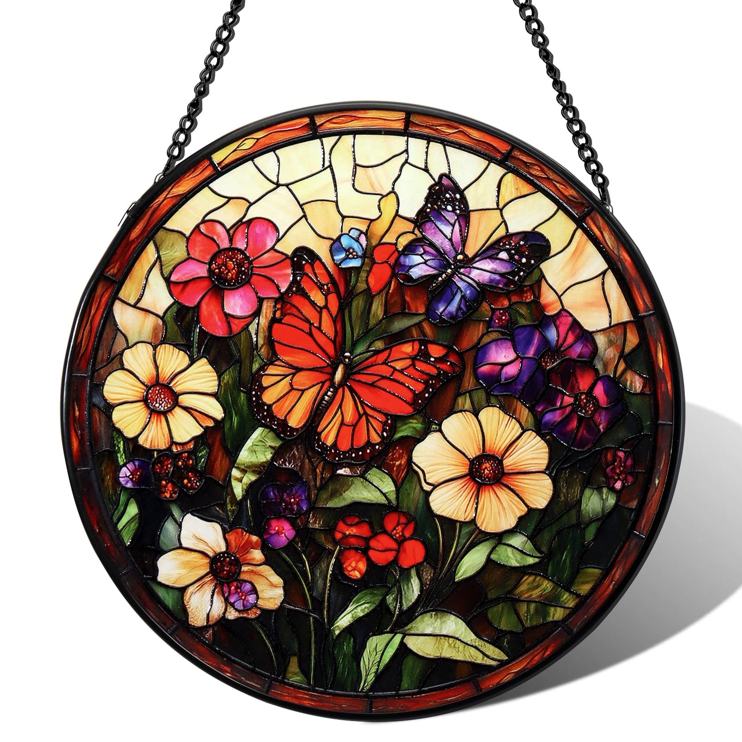 UXORSN Butterfly Faux Stained Glass Window Hanging Suncatcher 6 Inch Gifts for Mom Photo Family Portrait Handmade Sun Catcher Wall Art Home Decor for Women Garden Home Thanksgiving Christmas