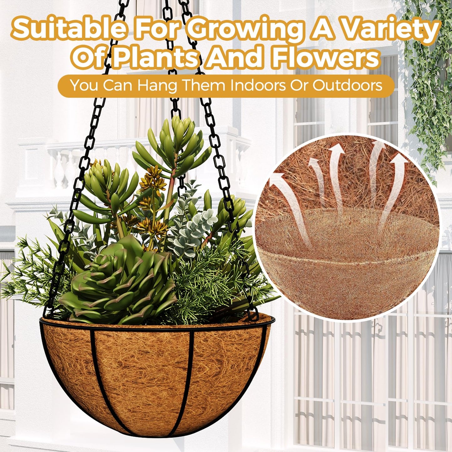 Bamworld 6pcs 30cm Coco Liners, Round Hanging Basket Liners Coconut Fiber Coir, Plant Holder Decor for Indoor Outdoor Flower Pots, Watering Baskets