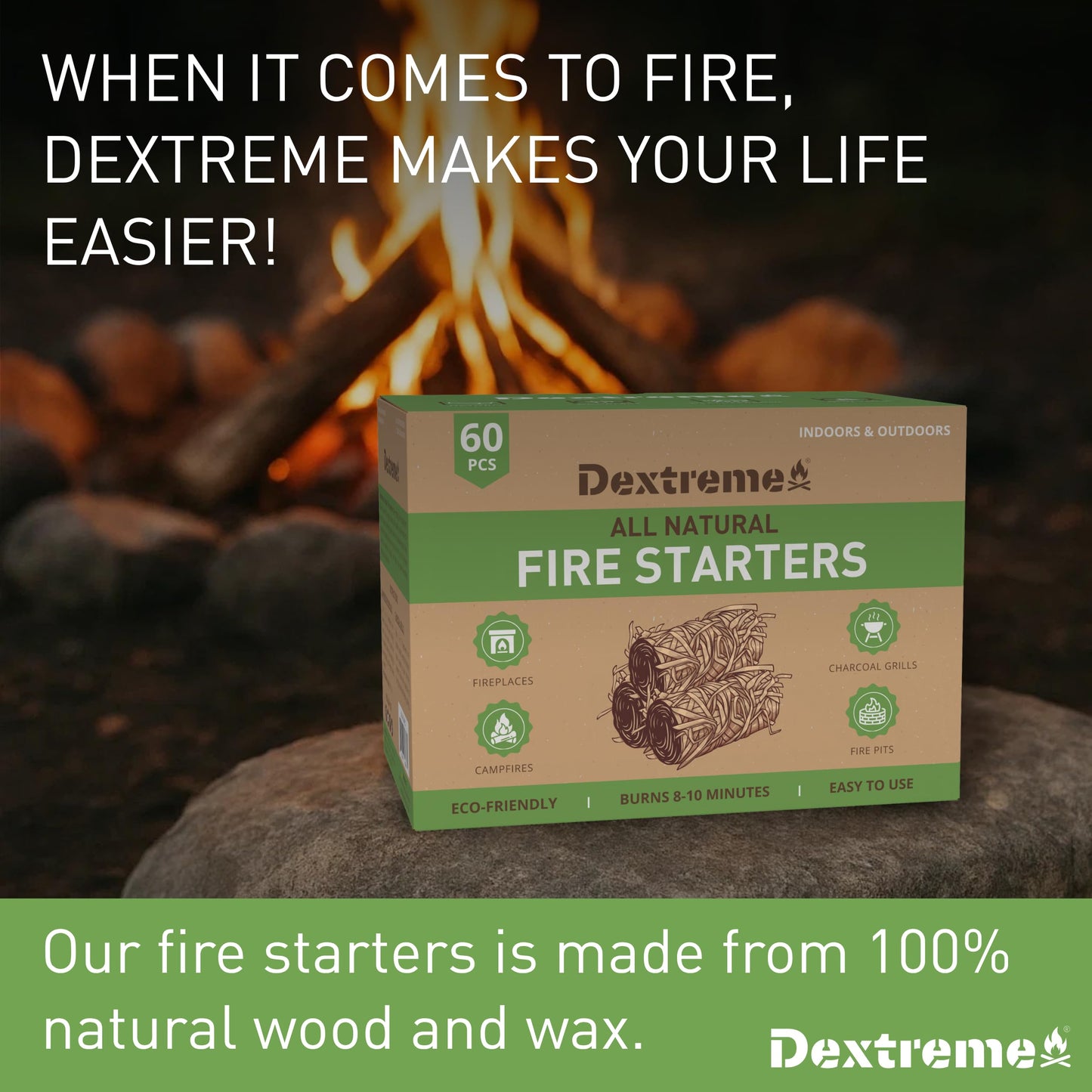 Dextreme Fire Starters 60 pcs | Natural Firestarters for BBQ, Campfires, Fireplace, Charcoal, Wood Stove, Fire Pit, Chimney, Pizza Oven and Smokers | All Weather, Odorless, Non Toxic