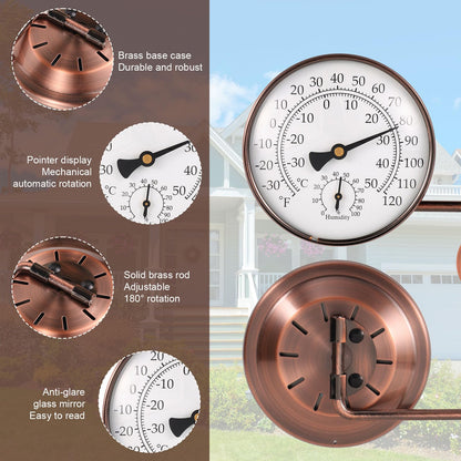 4 Inch Brass Outdoor Thermometer with Humidity Gauge, Analog Swivel Temperature Gauge Decorative Outdoor Thermometer for Patio Window Greenhouse Garage Garden Decor