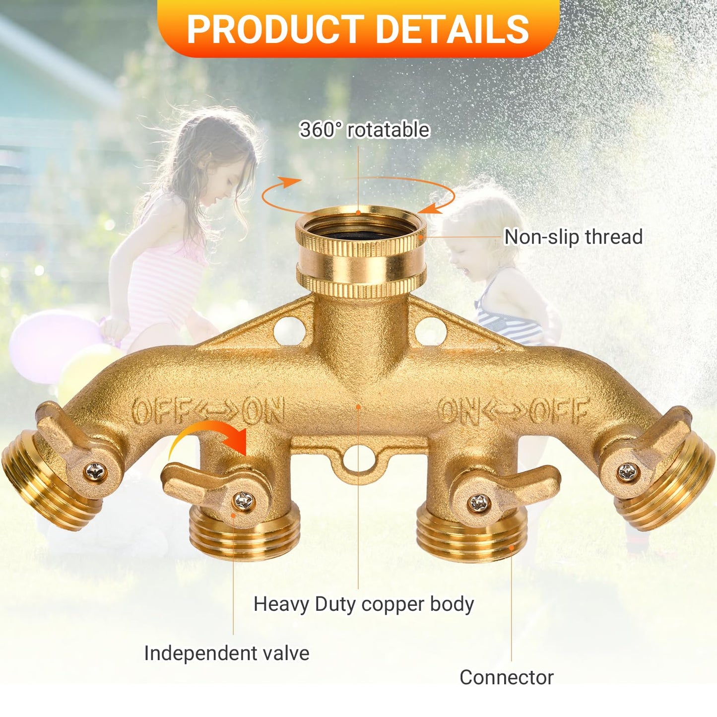 XIBETEO 4 Way Garden Hose Splitter 3/4" GHT Heavy Duty Solid Brass Garden Hose Splitter Hose Spigot Adapter with 4 independently Controlled valves 8 Washers for Garden, Home Life, Household Use