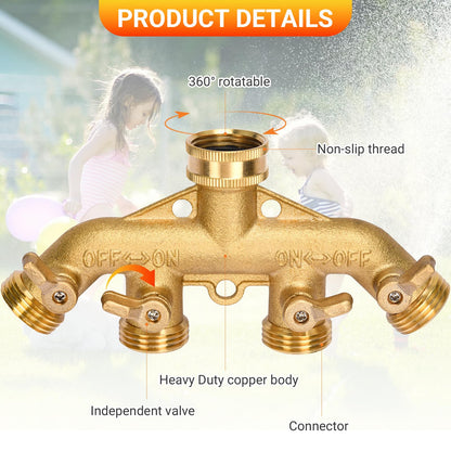 XIBETEO 4 Way Garden Hose Splitter 3/4" GHT Heavy Duty Solid Brass Garden Hose Splitter Hose Spigot Adapter with 4 independently Controlled valves 8 Washers for Garden, Home Life, Household Use