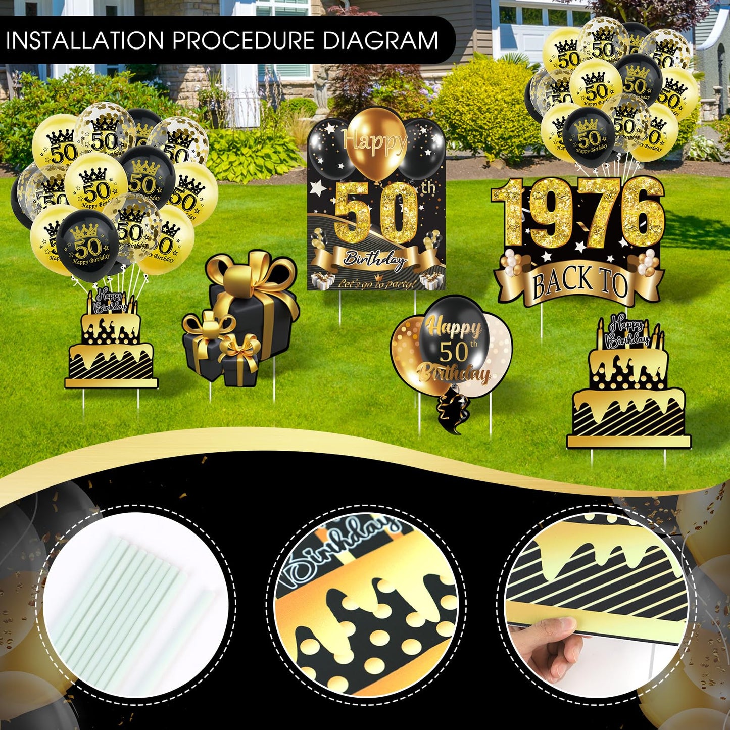 5Pcs 50th Birthday Yard Sign 16" Large Happy Birthday 50th Decorations for Men Women Birthday Party Lawn Signs Decorations with Stakes & 15pc Black Gold 50th Birthday Balloons for 50th Birthday Party